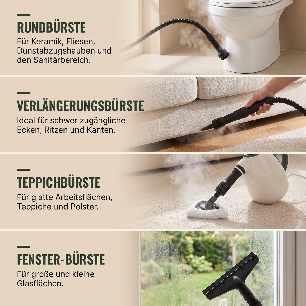 MamoDampf Aufsätze: Rundbürste, Verlängerungsbürste, Teppichbürste, Fenster-Bürste